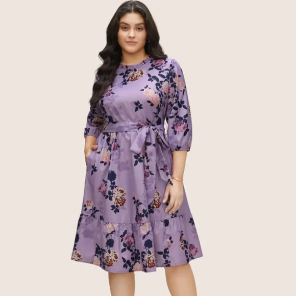 BloomChic Plus Size 4XL Floral Print Belted Pocket Frill Trim Dress us26 - Picture 1 of 4